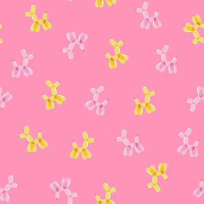 Float by Ruby Star Society's Rashida Coleman Hale cotton quilting fabric with small yellow & pale pink balloon dogs on bright pink, for nursery/party.