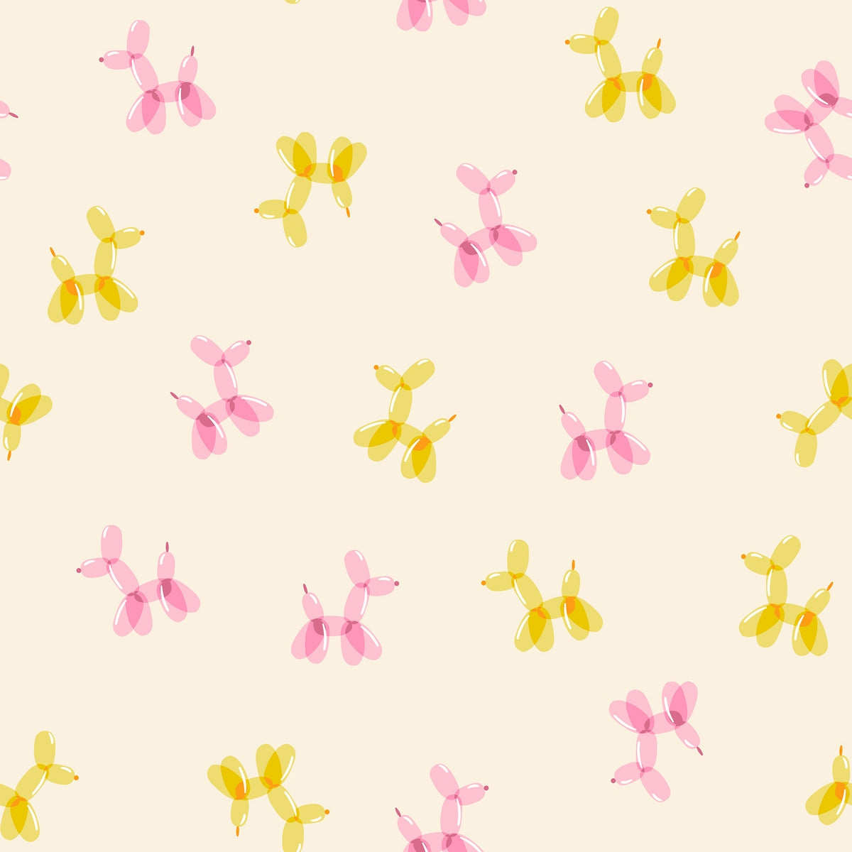 Moda's Pink and yellow balloon dogs on natural Float by Ruby Star Society's Rashida Coleman Hale cotton quilting fabric for nursery or celebration.