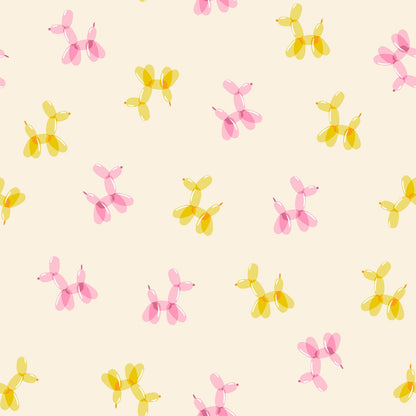 Moda's Pink and yellow balloon dogs on natural Float by Ruby Star Society's Rashida Coleman Hale cotton quilting fabric for nursery or celebration.