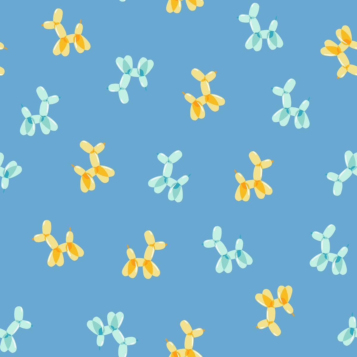 Moda's scattered amber yellow and pale aqua animal balloon dogs on bright blue nursery Float by Ruby Star Society's Rashida Coleman Hale cotton quilting fabric.