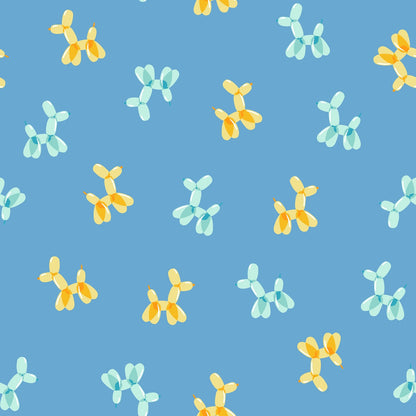 Moda's scattered amber yellow and pale aqua animal balloon dogs on bright blue nursery Float by Ruby Star Society's Rashida Coleman Hale cotton quilting fabric.