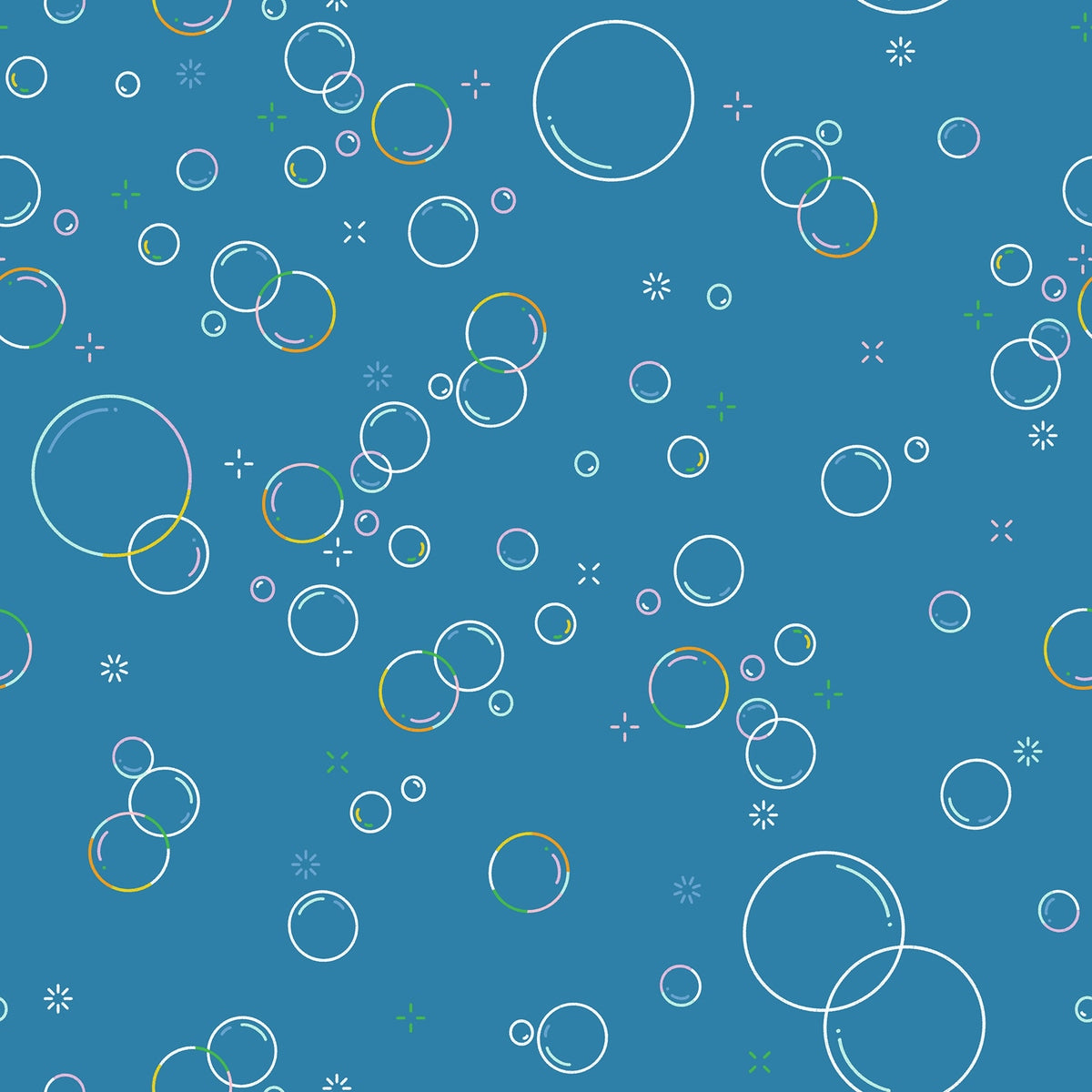 Bubbly parachute blue bubbles cotton quilting fabric with white, mint, rose sparkles. From Float by Ruby Star Society's Rashida Coleman Hale.