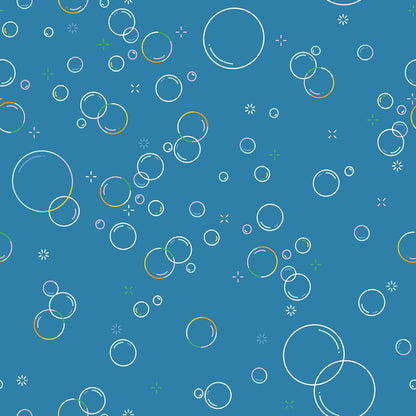Bubbly parachute blue bubbles cotton quilting fabric with white, mint, rose sparkles. From Float by Ruby Star Society's Rashida Coleman Hale.