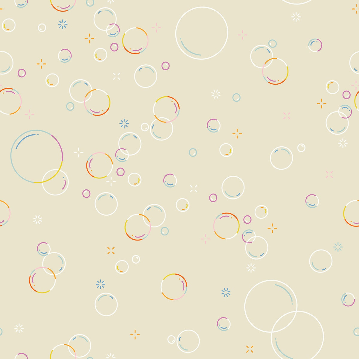 Moda's bubbly parchment print Float by Ruby Star Society's Rashida Coleman Hale cotton quilting fabric features scattered bubbles, stars, and colorful geometric spots on ivory.