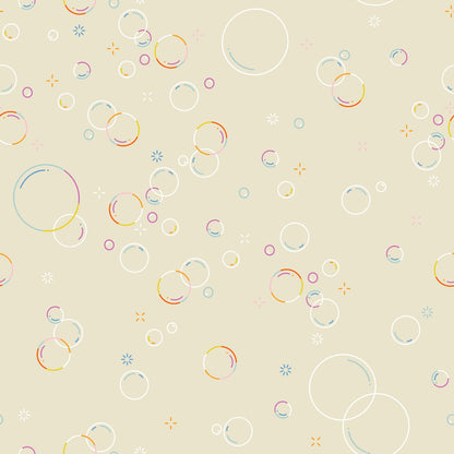 Moda's bubbly parchment print Float by Ruby Star Society's Rashida Coleman Hale cotton quilting fabric features scattered bubbles, stars, and colorful geometric spots on ivory.