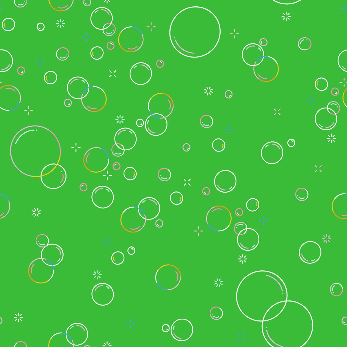 Green bubbles and small star sparkles are scattered across a bright verdant green background, some with subtle rainbow hues. Moda's Float by Ruby Star Society's Rashida Coleman Hale cotton quilting fabric.