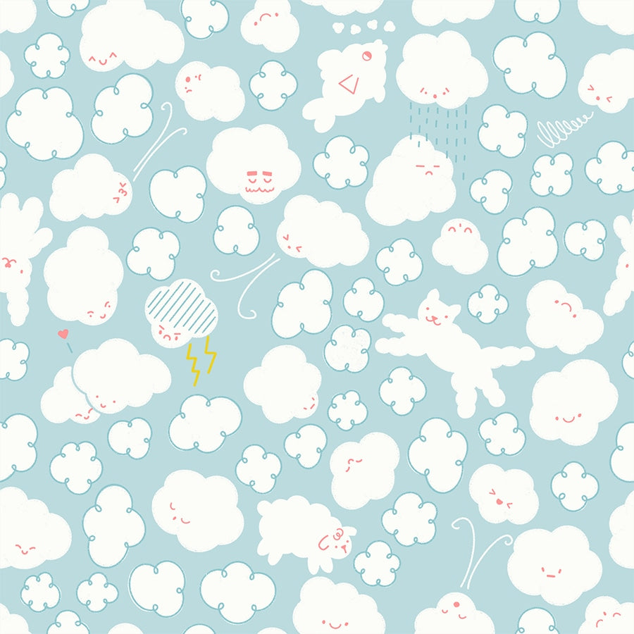 whimsical clouds on pale blue cotton quilting fabric. Float by Ruby Star Society's Rashida Coleman Hale. White animal clouds, pink faces, lightning, rain.