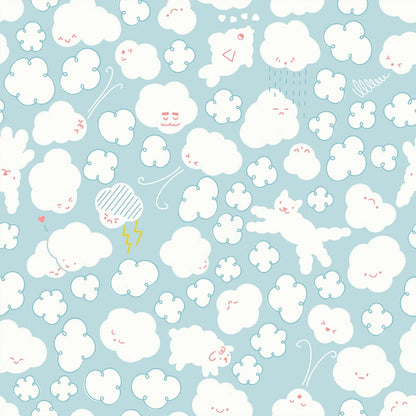 whimsical clouds on pale blue cotton quilting fabric. Float by Ruby Star Society's Rashida Coleman Hale. White animal clouds, pink faces, lightning, rain.