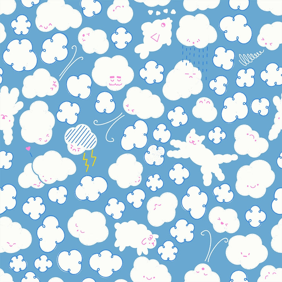 Whimsical white clouds and animals on sky blue cotton quilting fabric from Float by Ruby Star Society's Rashida Coleman Hale. Features rabbits, sheep, and cats.