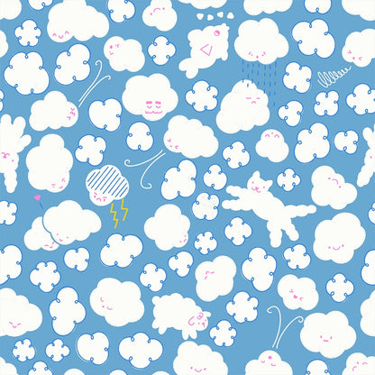 Whimsical white clouds and animals on sky blue cotton quilting fabric from Float by Ruby Star Society's Rashida Coleman Hale. Features rabbits, sheep, and cats.