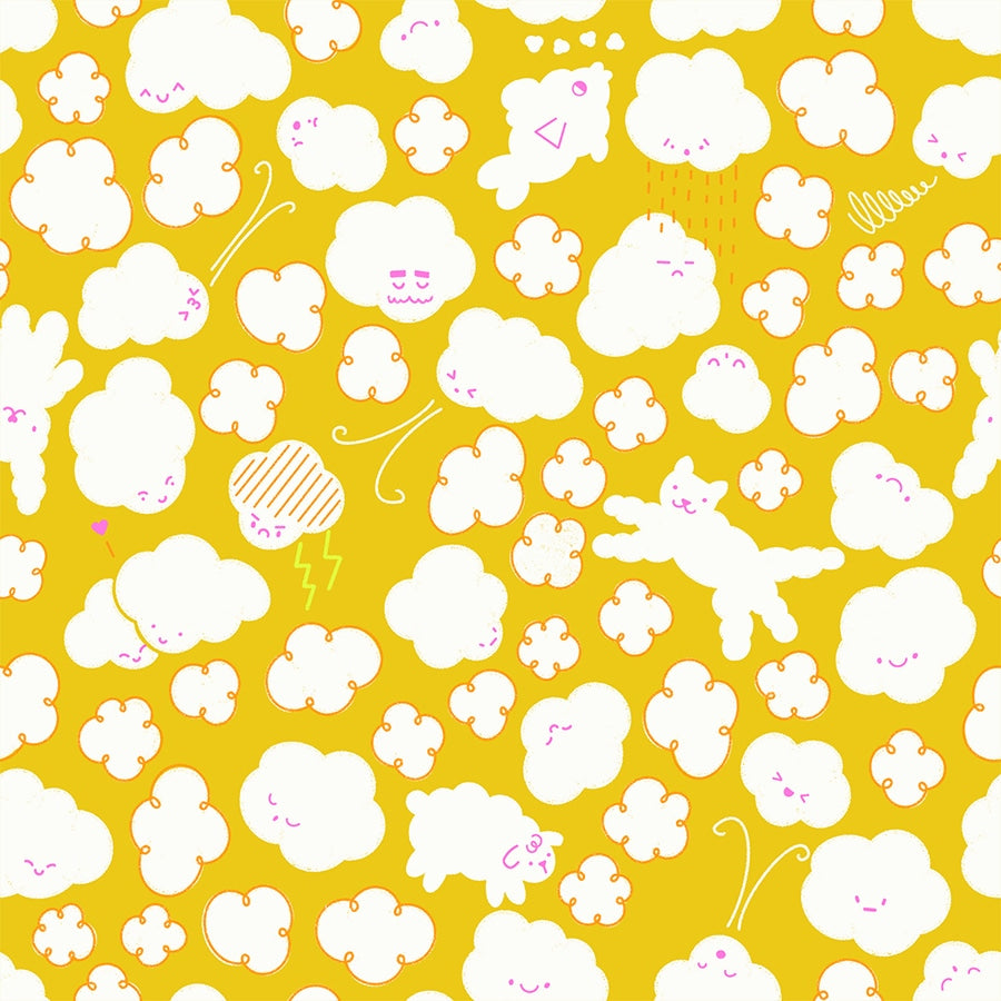 Whimsical clouds on starfruit yellow nursery cotton quilting fabric from Float by Ruby Star Society's Rashida Coleman Hale, featuring animal clouds.