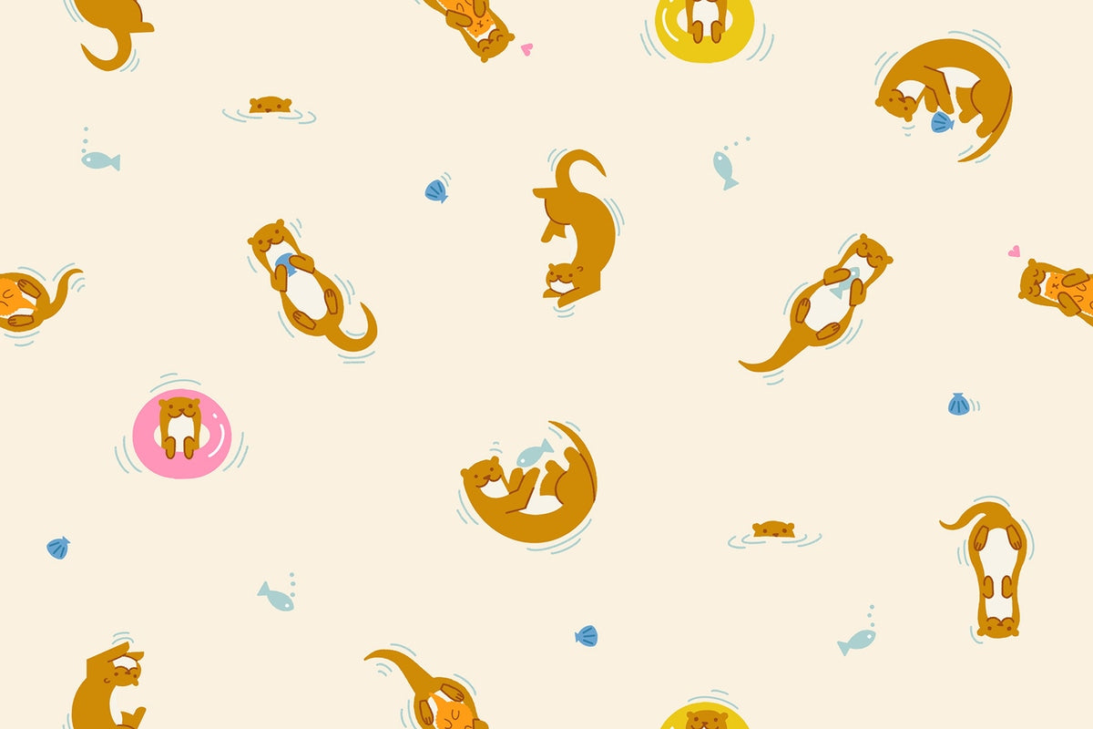 Cute aquatic nursery otters, fish, and seashells on natural cream Float by Ruby Star Society's Rashida Coleman Hale cotton quilting fabric.