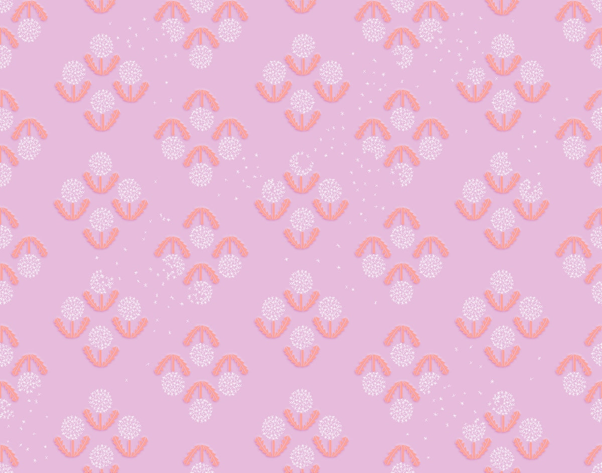 Pink and orange dandelions on lavender Float by Ruby Star Society's Rashida Coleman Hale cotton quilting fabric with scattered white stars.