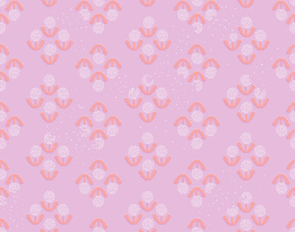 Pink and orange dandelions on lavender Float by Ruby Star Society's Rashida Coleman Hale cotton quilting fabric with scattered white stars.
