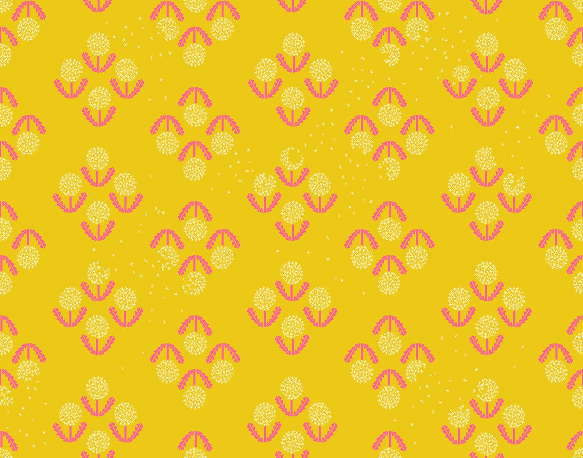 Lemon yellow dandelion puffs Float by Ruby Star Society's Rashida Coleman Hale cotton quilting fabric. Pink stems and creamy white stars on a spring garden theme.