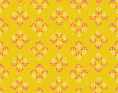 Lemon yellow dandelion puffs Float by Ruby Star Society's Rashida Coleman Hale cotton quilting fabric. Pink stems and creamy white stars on a spring garden theme.