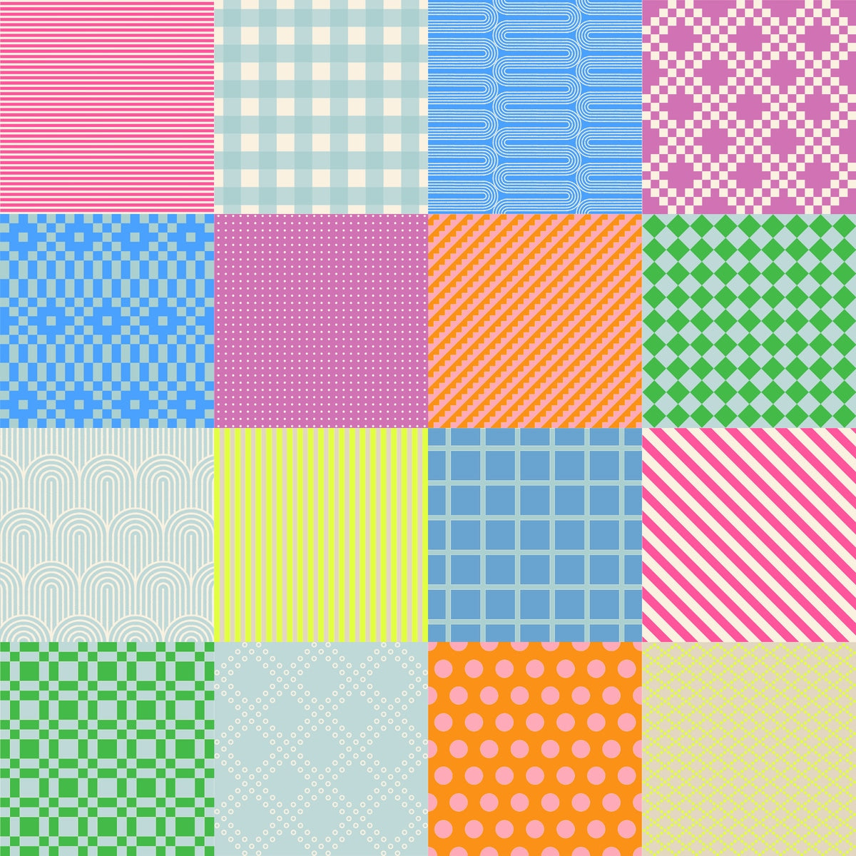 Bright geometric sampler cotton quilting fabric, Float by Ruby Star Society's Rashida Coleman Hale, with stripes, gingham, polka dots, aqua, cream, hot pink.