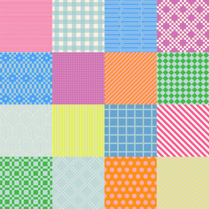 Bright geometric sampler cotton quilting fabric, Float by Ruby Star Society's Rashida Coleman Hale, with stripes, gingham, polka dots, aqua, cream, hot pink.