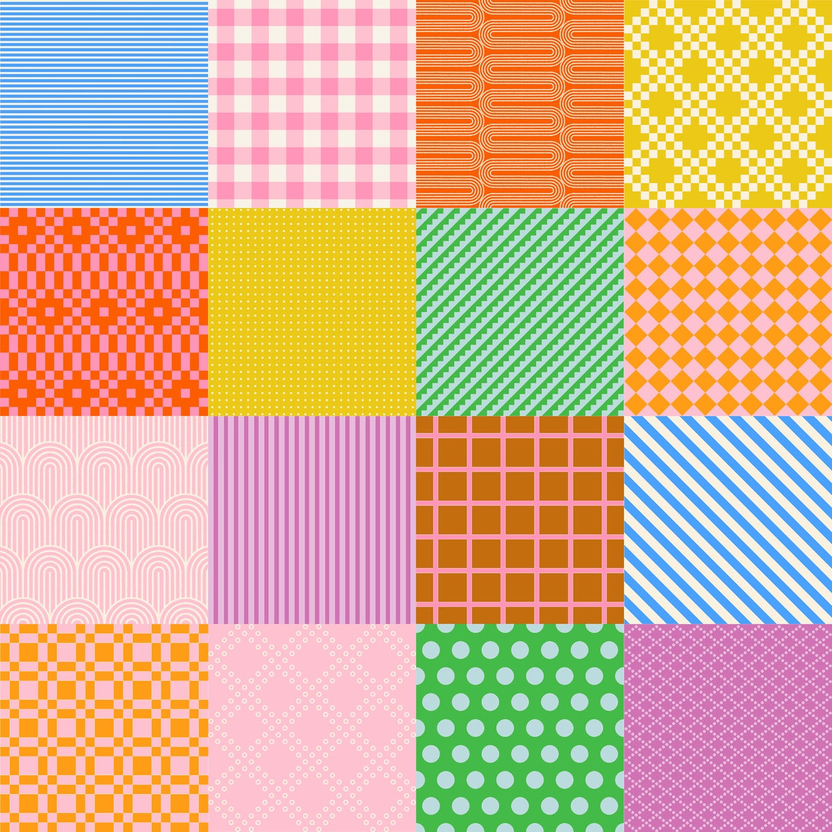 Bright geometric sampler cheater Float by Ruby Star Society's Rashida Coleman Hale cotton quilting fabric with vibrant colors and patterns.