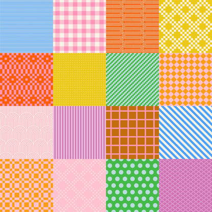 Bright geometric sampler cheater Float by Ruby Star Society's Rashida Coleman Hale cotton quilting fabric with vibrant colors and patterns.