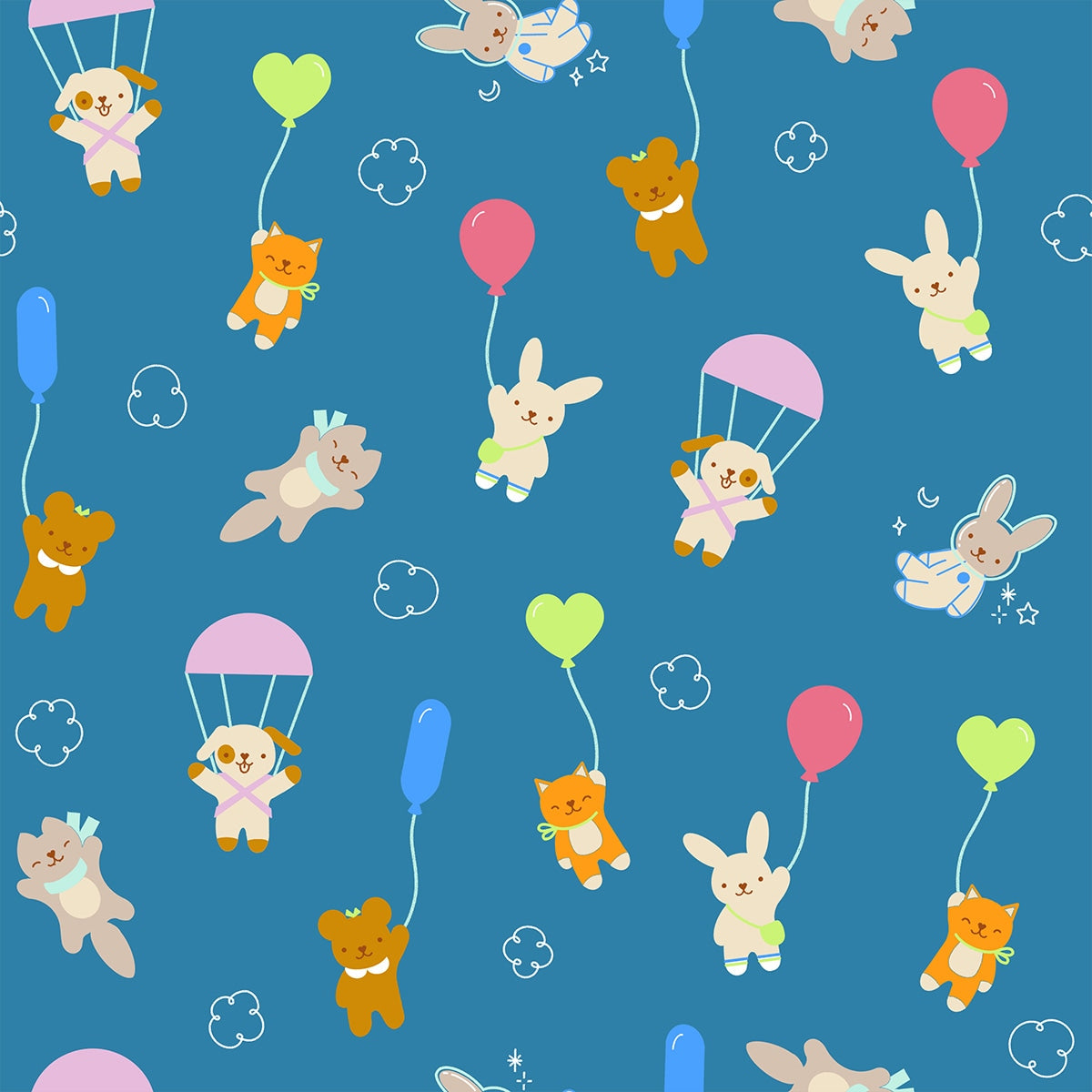 up parachute blue cotton quilting fabric from Moda's Float by Ruby Star Society's Rashida Coleman Hale, featuring dogs, bunnies, cats, and bears with balloons.
