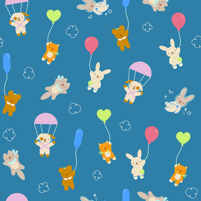 up parachute blue cotton quilting fabric from Moda's Float by Ruby Star Society's Rashida Coleman Hale, featuring dogs, bunnies, cats, and bears with balloons.