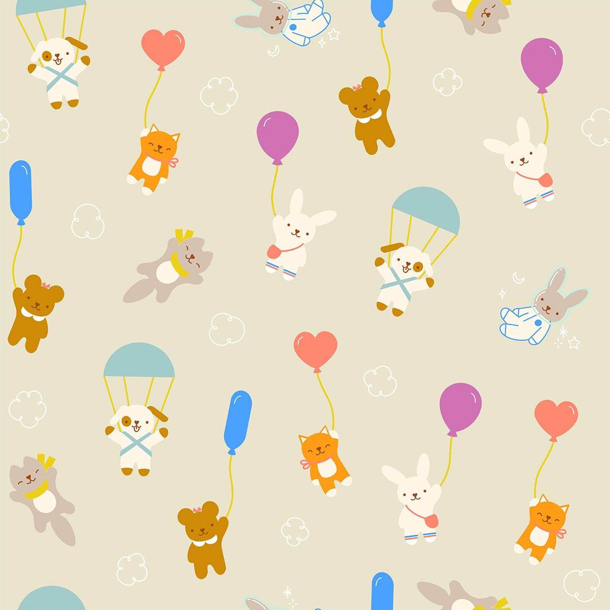 Float by Ruby Star Society's Rashida Coleman Hale cotton quilting fabric. Whimsical animals with balloons for a nursery theme: puppies, bunnies, bears, clouds on parchment.