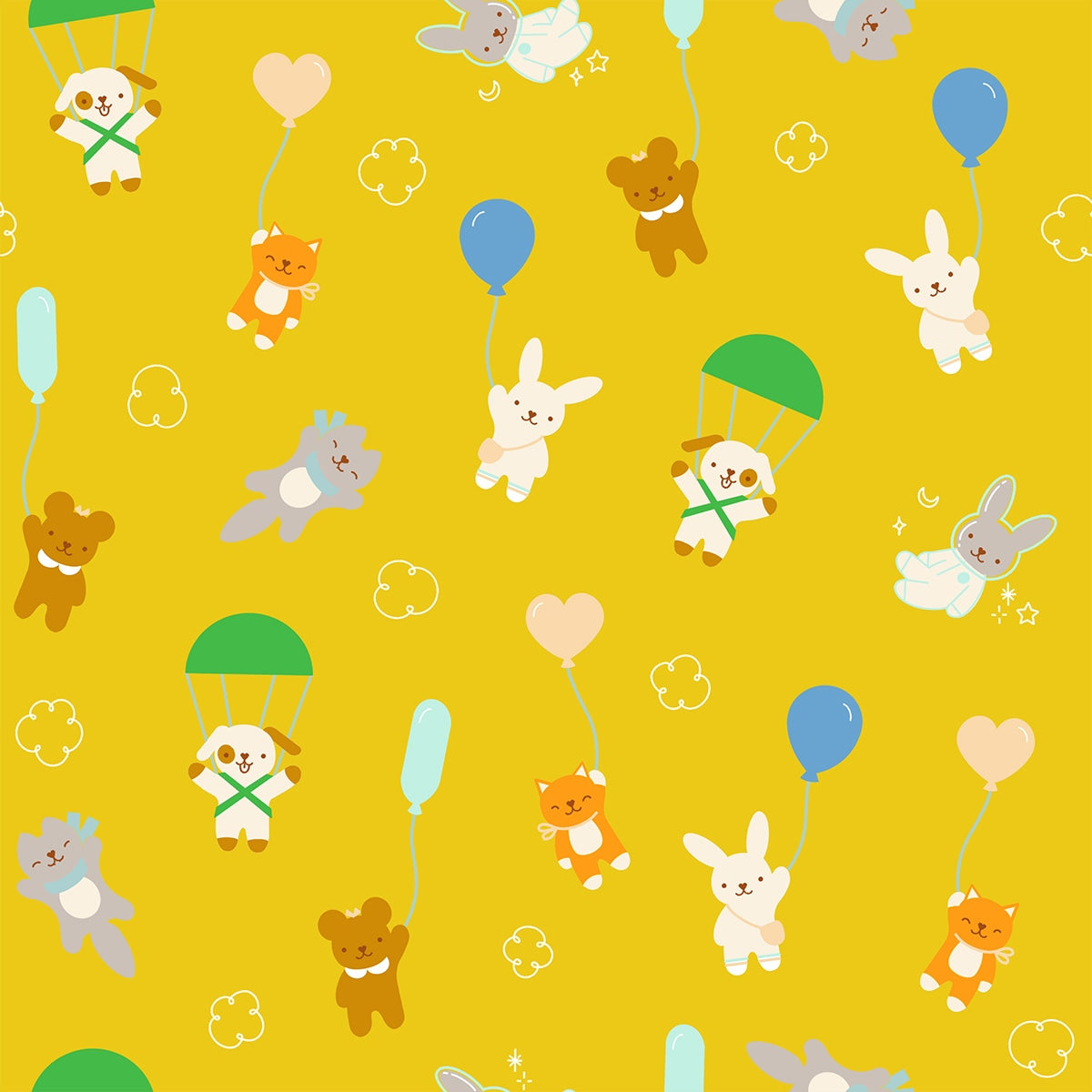 Moda's playful animals, bunnies, dogs, cats, bears, floating with balloons on starfruit yellow Float by Ruby Star Society's Rashida Coleman Hale cotton quilting fabric.