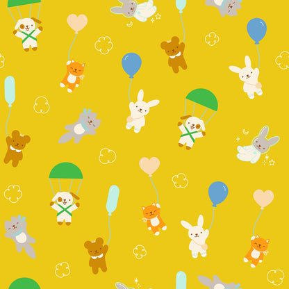 Moda's playful animals, bunnies, dogs, cats, bears, floating with balloons on starfruit yellow Float by Ruby Star Society's Rashida Coleman Hale cotton quilting fabric.