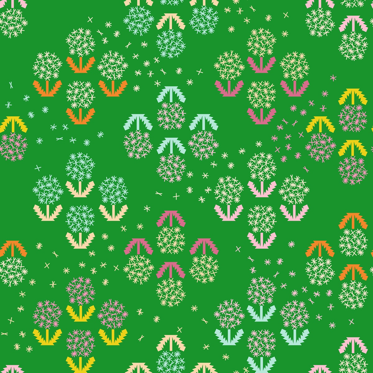 Moda's stylized dandelions and geometric cross shapes on deep verdan quilting fabric from Float by Ruby Star Society's Rashida Coleman Hale.
