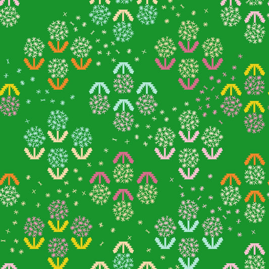 Moda's stylized dandelions and geometric cross shapes on deep verdan quilting fabric from Float by Ruby Star Society's Rashida Coleman Hale.