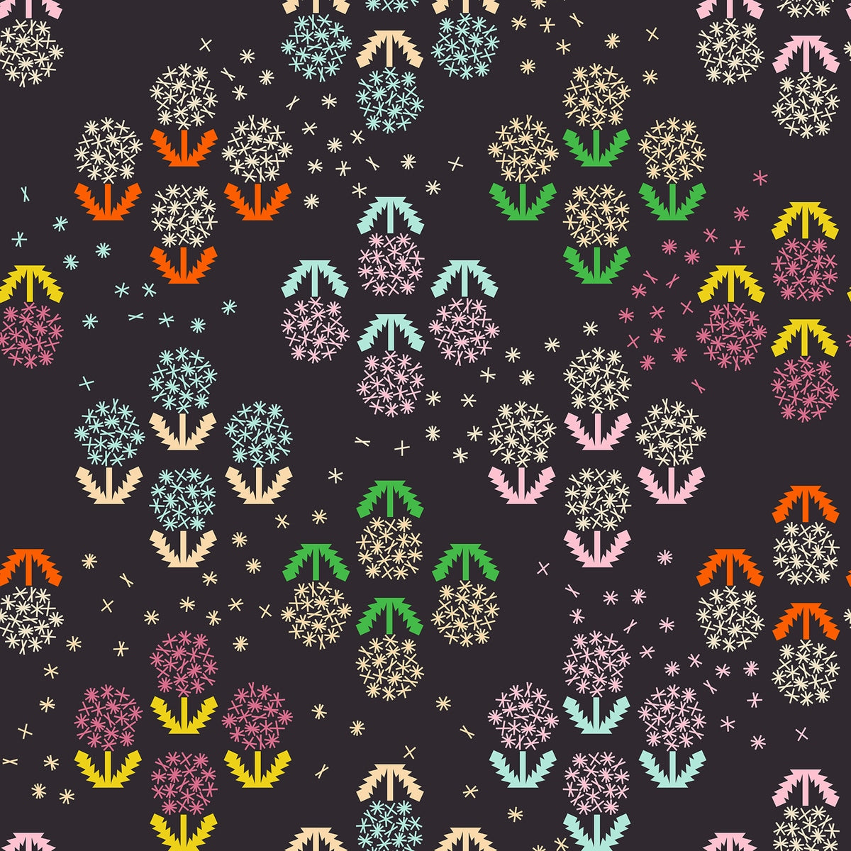 Float by Ruby Star Society's Rashida Coleman Hale quilting fabric: pixelated flowers in bright colors and white stars on soft black.