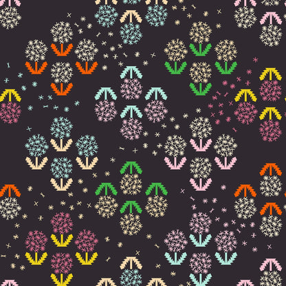 Float by Ruby Star Society's Rashida Coleman Hale quilting fabric: pixelated flowers in bright colors and white stars on soft black.