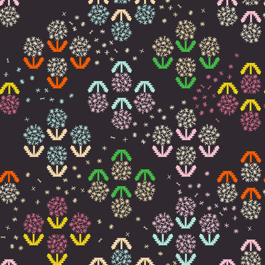 Float by Ruby Star Society's Rashida Coleman Hale quilting fabric: pixelated flowers in bright colors and white stars on soft black.