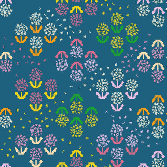 Moda's pixelated flowers and stars in white, fuchsia, yellow, and lavender on canvas teal Float by Ruby Star Society's Rashida Coleman Hale quilting fabric.
