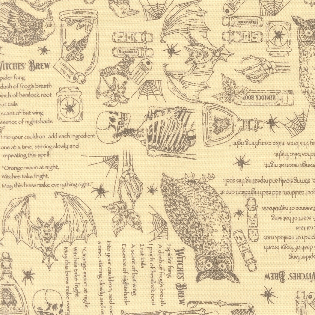 Halloween Witches' Brew recipe. Gothic Haunt by Stacy Iest Hsu cotton quilting fabric. Skeletons, bats, owls, potion bottles in sepia brown on ivory.