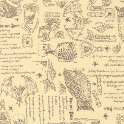 Halloween Witches' Brew recipe. Gothic Haunt by Stacy Iest Hsu cotton quilting fabric. Skeletons, bats, owls, potion bottles in sepia brown on ivory.