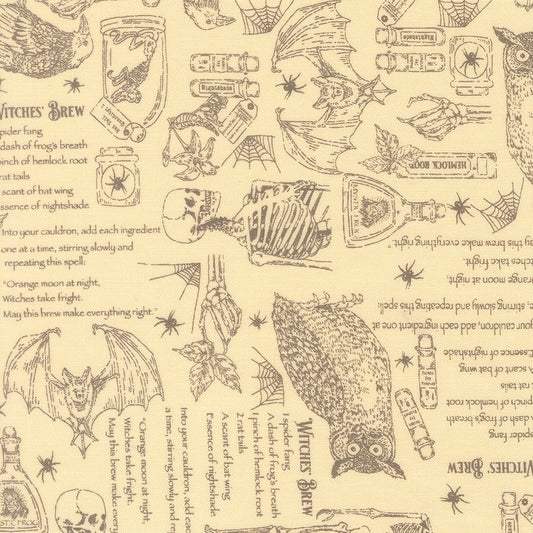 Halloween Witches' Brew recipe. Gothic Haunt by Stacy Iest Hsu cotton quilting fabric. Skeletons, bats, owls, potion bottles in sepia brown on ivory.