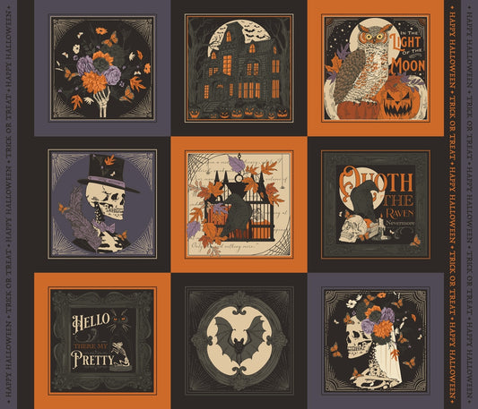 Halloween panel with skeletons, owls, and haunted houses. Moda's Gothic Haunt by Stacy Iest Hsu cotton quilting fabric.