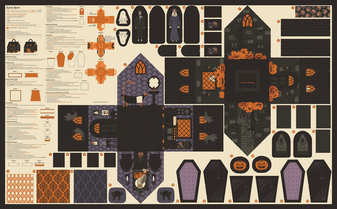 Gothic Haunt Halloween haunted house panel cotton quilting fabric by Stacy Iest Hsu. Ghosts, pumpkins, black cats, cream, charcoal, orange.