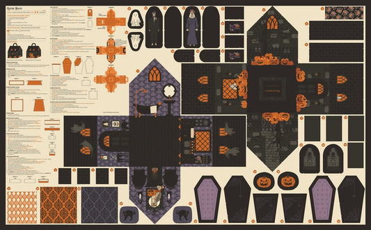 Gothic Haunt Halloween haunted house panel cotton quilting fabric by Stacy Iest Hsu. Ghosts, pumpkins, black cats, cream, charcoal, orange.