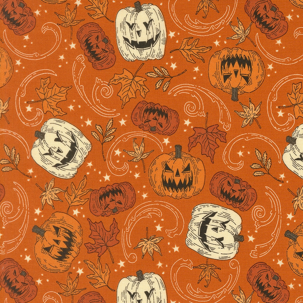 Moda's Halloween pumpkins, jack-o'-lanterns, and autumn leaves on pumpkin orange Gothic Haunt by Stacy Iest Hsu cotton quilting fabric.