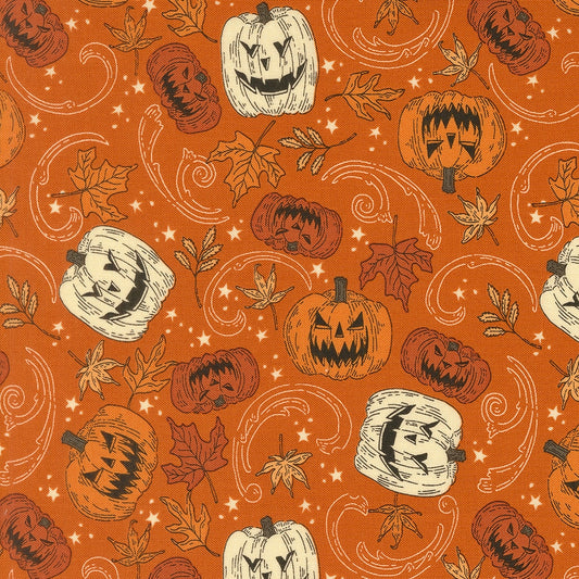 Moda's Halloween pumpkins, jack-o'-lanterns, and autumn leaves on pumpkin orange Gothic Haunt by Stacy Iest Hsu cotton quilting fabric.