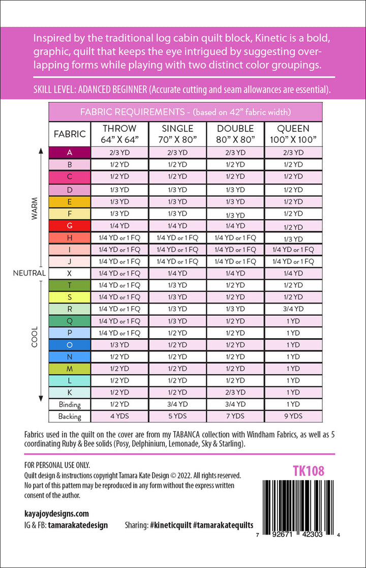 Kinetic - Quilt Pattern - Tamara Kate - TK 108 - Paper Pattern