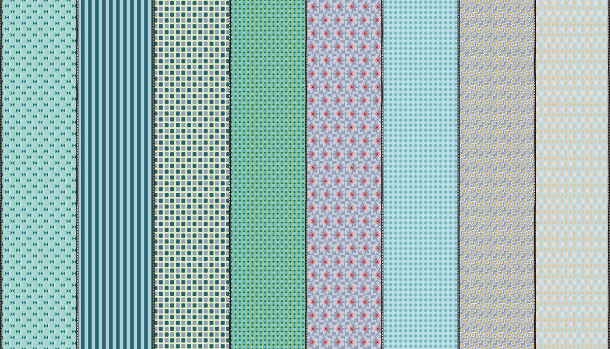 Moda's blue multi-patterned Lollie Jar by Jen Kingwell cotton quilting fabric, with flowers, stripes, geometric motifs in blues, greens, and creams.