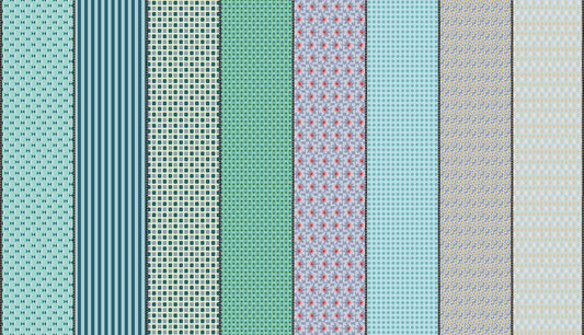 Moda's blue multi-patterned Lollie Jar by Jen Kingwell cotton quilting fabric, with flowers, stripes, geometric motifs in blues, greens, and creams.