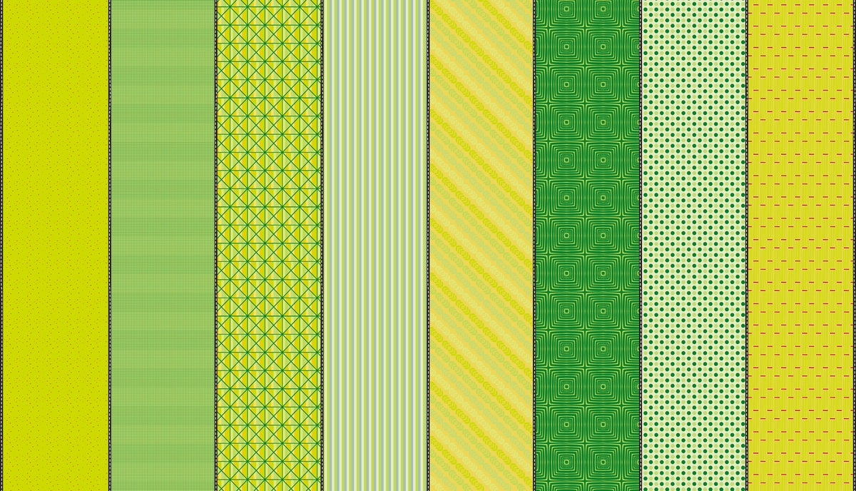 Moda's green and yellow blender assortment from Lollie Jar by Jen Kingwell cotton quilting fabric, with small dots, grids, stripes, and concentric squares.