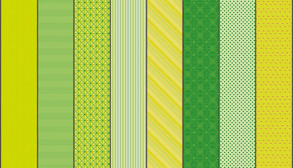 Moda's green and yellow blender assortment from Lollie Jar by Jen Kingwell cotton quilting fabric, with small dots, grids, stripes, and concentric squares.