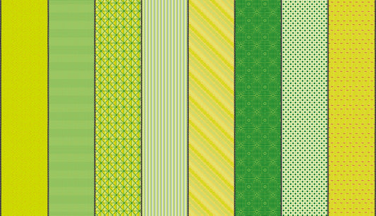 Moda's green and yellow blender assortment from Lollie Jar by Jen Kingwell cotton quilting fabric, with small dots, grids, stripes, and concentric squares.