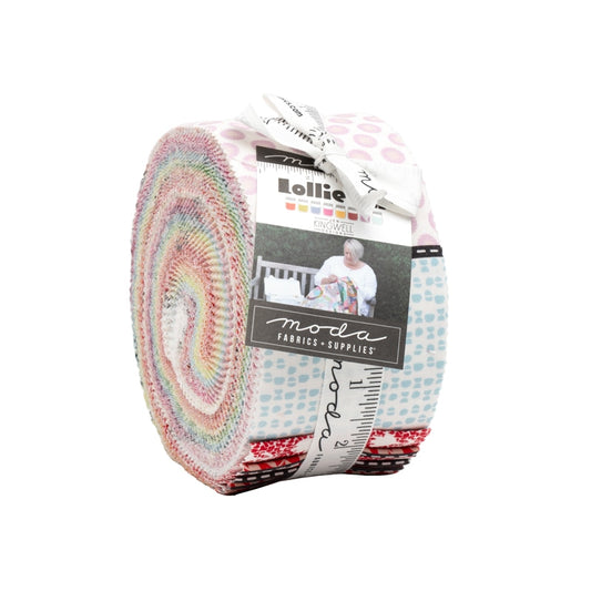 Moda Fabrics' Lollie Jar Jelly Roll by Jen Kingwell, a bundle of 40 strips of 100% cotton quilting fabric. SKU 18270JR